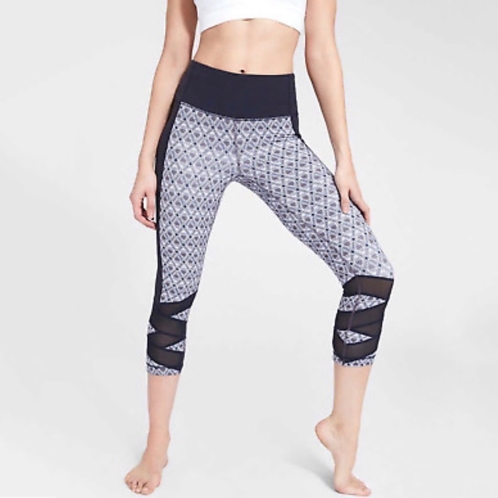 Athleta Mantra Mosaic Printed Cropped Sheer Mesh Leggings XS Blue Workout